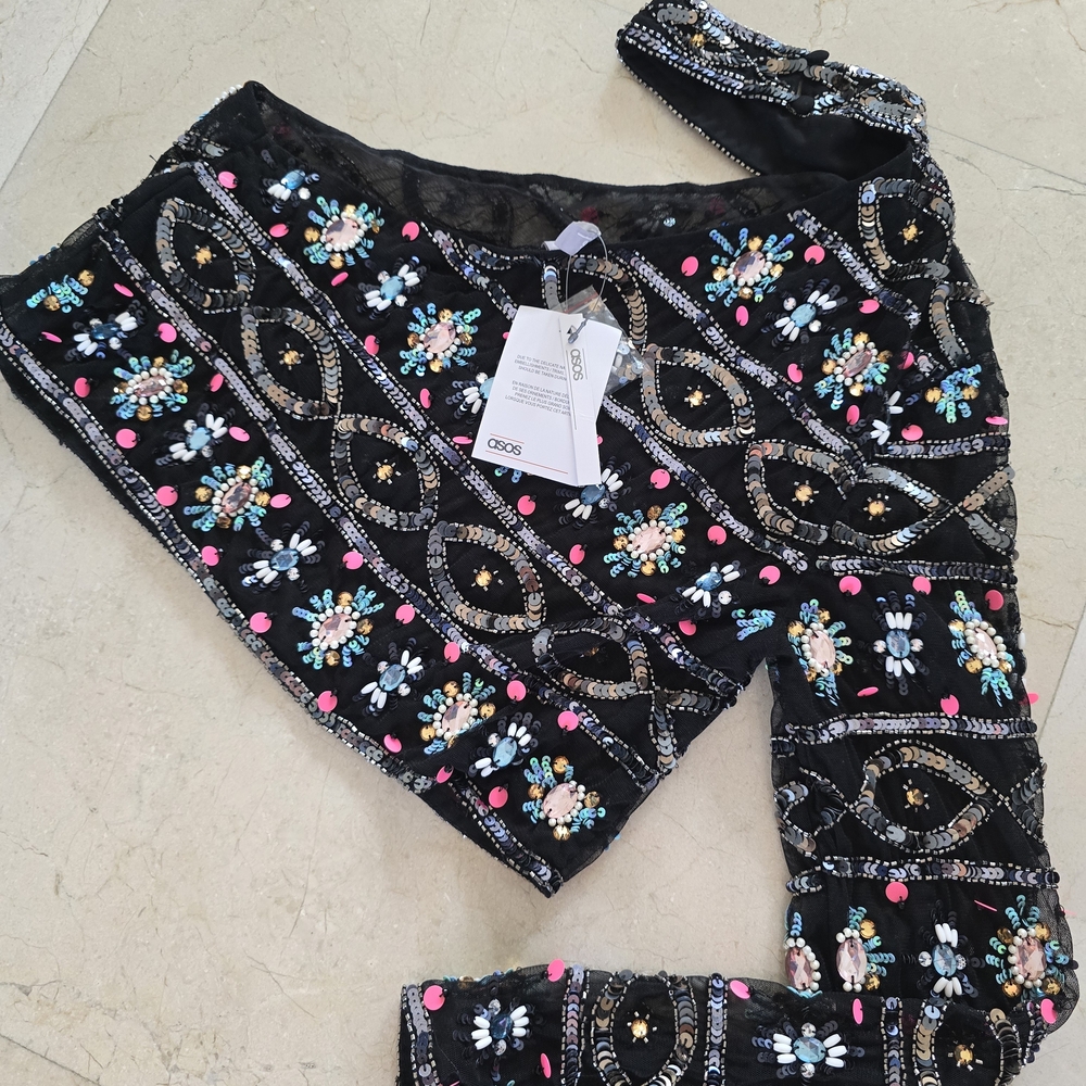 Embellished Black One-Shoulder Top